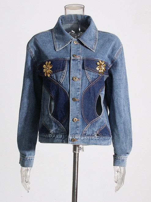 Swirl Pattern Patch Work Blue Jean Jacket 