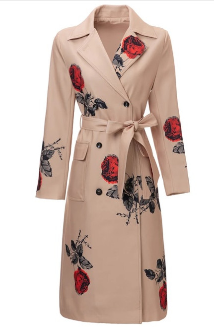 Red Rose Print Spring Trench Coat