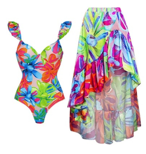 Colorful Prints One Piece Swimsuit and Sarong Set 