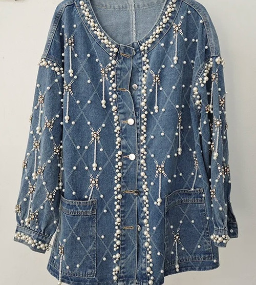  Pearl and Rhinestone Studded Denim Jacket