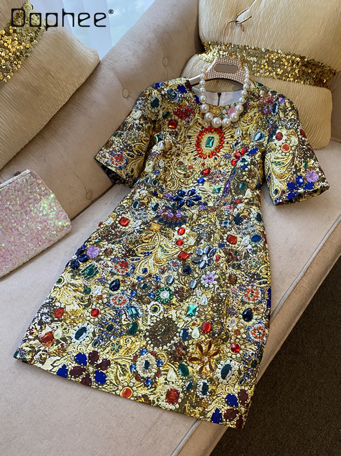 Embellished Jeweled Gold Jacquard Holiday Dress