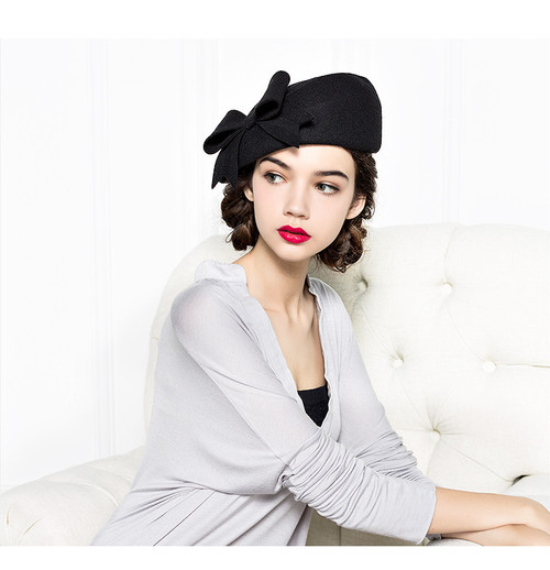 Wool Pillbox Bow Beret Hat