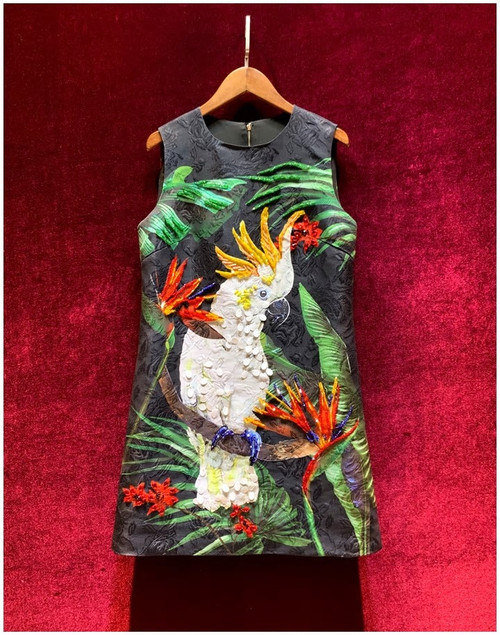 Sequined Jacquard Bird Print Dress