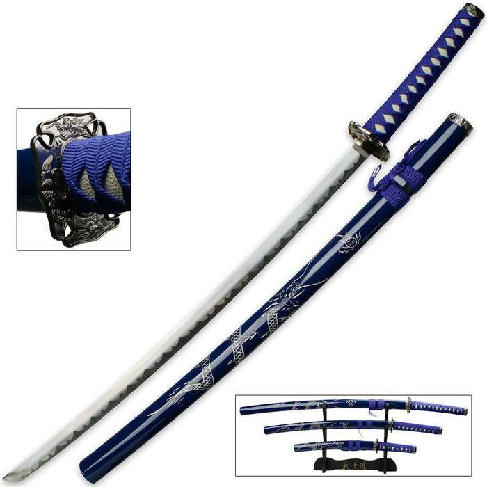 Blue Carved Dragon 3 Sword Set & Stand - Ice Imports