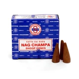 Nag Champa Sataya dhoop cones in blue packaging with three brown incense cones displayed beside the blue box.