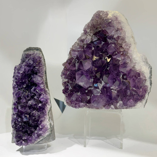 Grade A Cut Base Amethyst crystal clusters with deep purple quartz points displayed upright on custom clear stands.