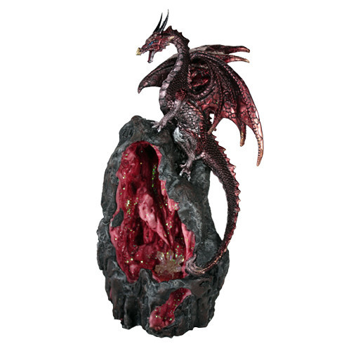 Red dragon statue with glowing geode cave incense burner, LED backflow incense holder, fantasy dragon figurine decor for home and collectors
