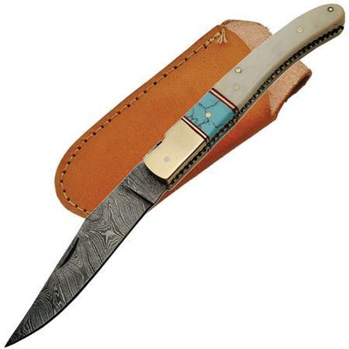 Turquoise & Bone Damascus Folding Knife