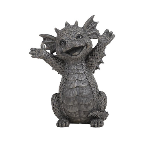 A small, cheerful gray dragon statue with a smiling face, raised arms, and textured scales, seated in a welcoming pose.
