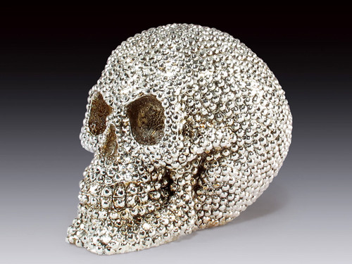 Resin rhinestone skull figurine with a sparkling silver finish, decorative skull statue for gothic home decor.