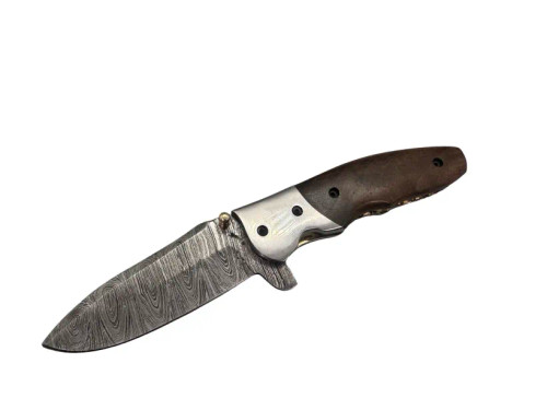 Drop Point Walnut Wood Damascus Pocket Knife