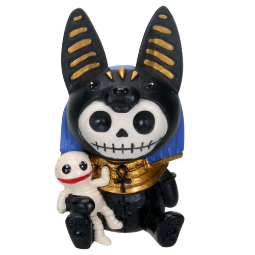 Black and blue Egyptian-themed figurine with a skeletal face and a small mummy companion.