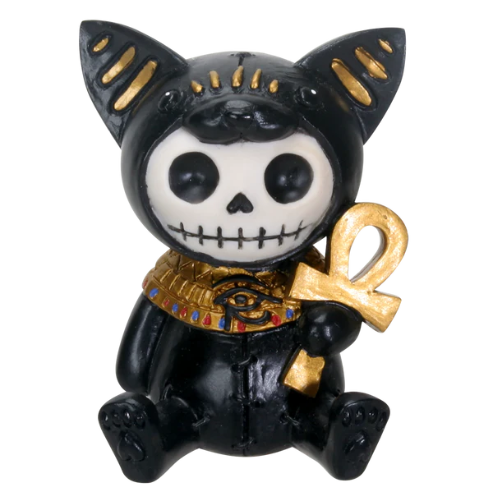 Black figurine with a skeletal face and large cat ears, adorned with an Egyptian-style collar and holding an ankh.