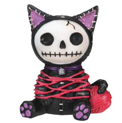 Black resin figurine of a skeleton cat with stitched features, wrapped in red yarn and holding a ball of yarn.
