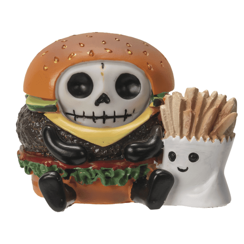 Cute burger figurine featuring a skeleton character in a hamburger costume with a friendly french fries companion.