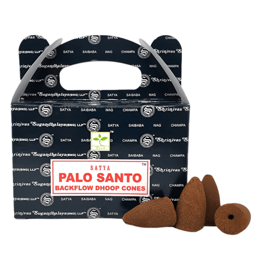 Satya Palo Santo backflow incense cones set with black packaging and aromatic cone pieces