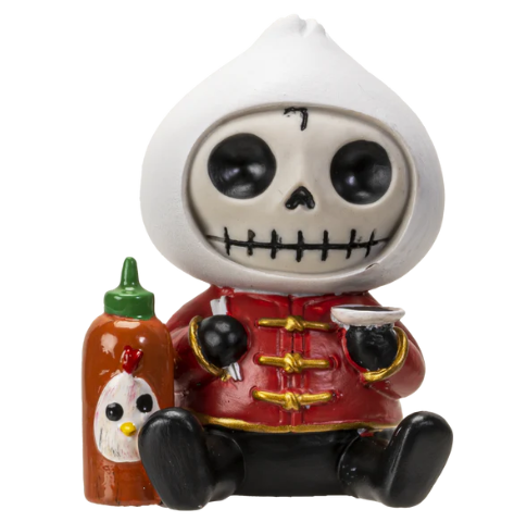 Dumpling-themed resin figurine with a skeletal face, wearing a red outfit, holding a bowl in one hand and a red and green sauce bottle in the other, featuring a painted chicken on the bottle.