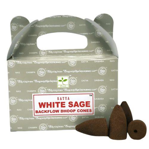 Satya White Sage backflow incense cones set with neutral packaging and aromatic cone pieces