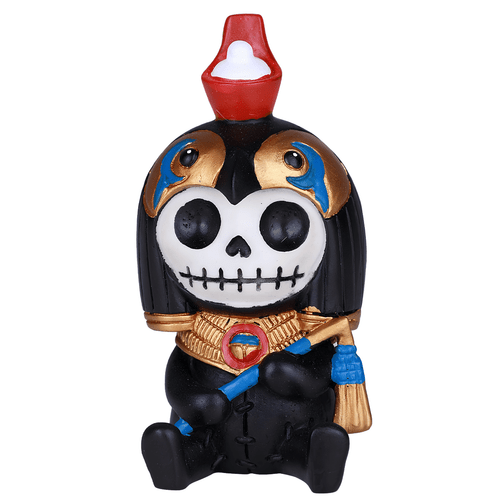 Resin figurine of the Egyptian deity Horus, featuring a black skull-like face, golden collar, and a red crown.