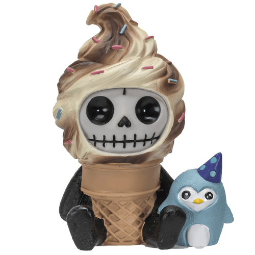 Ice Cream Furrybones resin figurine featuring a skeleton in a melting chocolate ice cream cone costume with a small blue penguin companion.