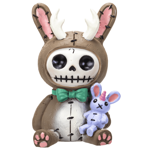 Jackalope resin figurine featuring a cute skull face in a brown rabbit costume, green bowtie, and holding a small purple rabbit.