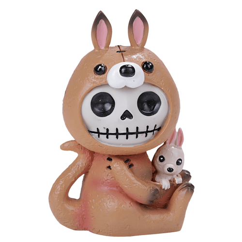 Kangaroo Furrybones resin figurine with a skull face, large ears, and a baby kangaroo resting in its pouch.