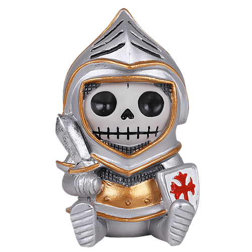 Knight resin figurine featuring a cute skull face skeleton character in silver and gold armor, holding a mini sword and a white shield with a red cross.