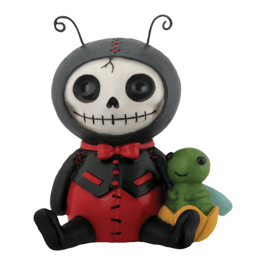 Front view of a ladybug resin figurine featuring a cute skeleton character in a red-and-black spotted ladybug costume, holding a small green caterpillar on a pumpkin base.