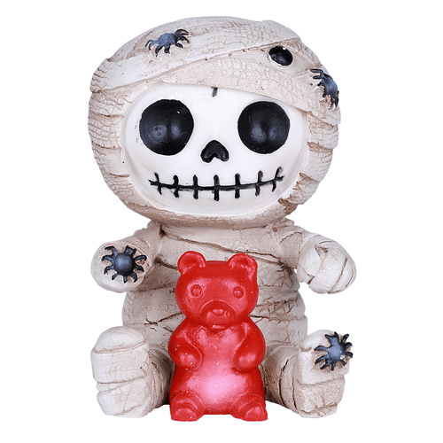 Quirky Mummy resin figurine wrapped in aged bandages, black spider accents, and a red teddy bear collectible statue.