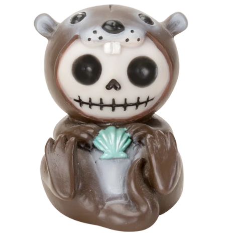 Brown resin otter figurine with a skeleton face, large black eyes, and a light blue seashell held in its paws