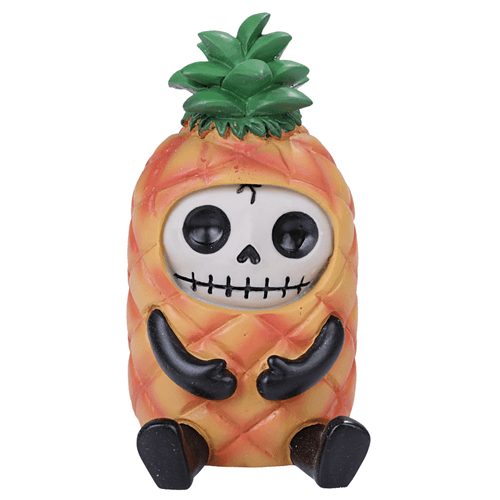 The character has a white skull face with black eye sockets and a stitched grin, and it is wearing an orange and yellow pineapple costume. The costume is textured like a pineapple's skin, with a green leafy top, and it fully encases the body. The character's black, simplistic arms and legs peek out from under the costume.