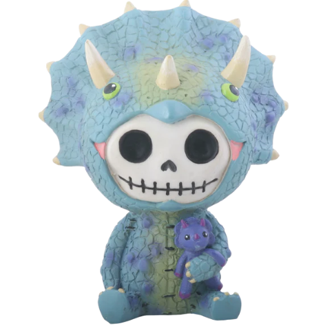 Pastel triceratops skeleton figurine with stitched smile, playful spooky-cute decor