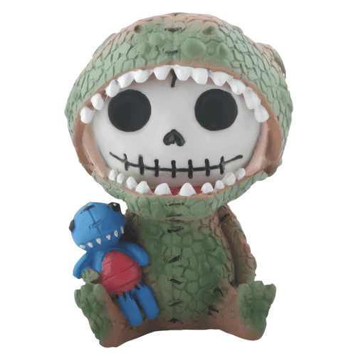 Front view of a cute dinosaur skeleton resin figurine wearing a textured green dino costume and holding a blue plush toy, Furrybones collectible.