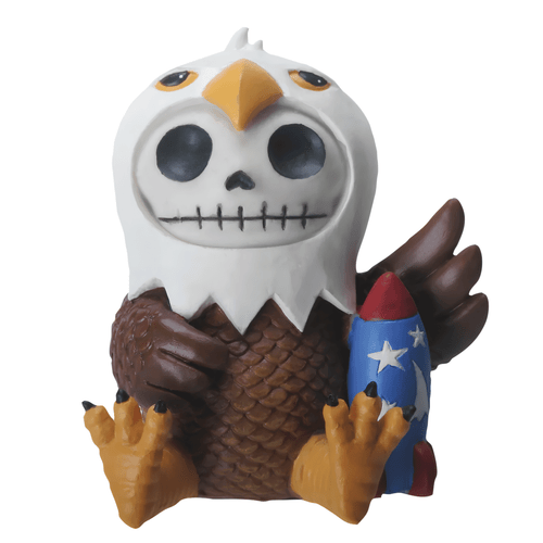 Cute eagle resin figurine with a skeletal design, featuring a white head and brown feathered body, holding a colorful rocket.