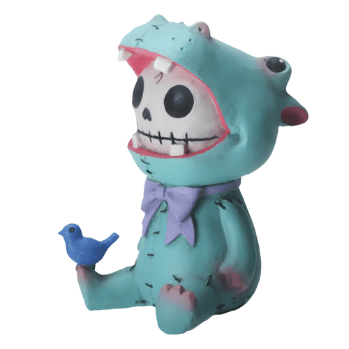 Adorable resin figurine of a skeleton character with a hippopotamus head, featuring a lavender bow tie and a small blue bird sitting beside it.