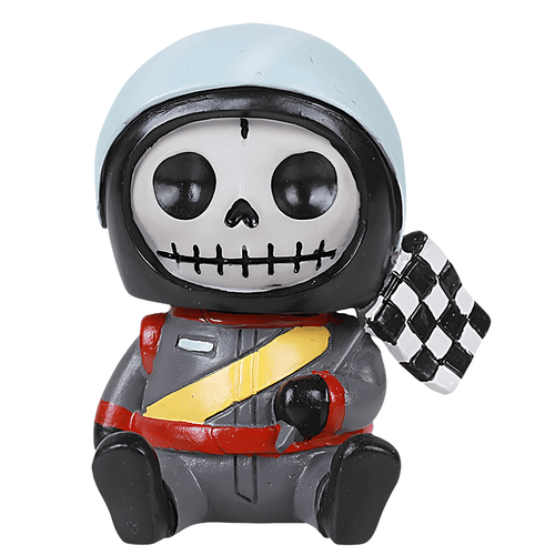 Cute gray race car driver figurine with a skeleton design, wearing a light blue helmet, holding a checkered flag.