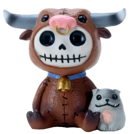 Whimsical resin figurine of a brown bull with a skull design and a pink nose ring, sitting next to a small gray dog, both featuring cartoon-like styles.