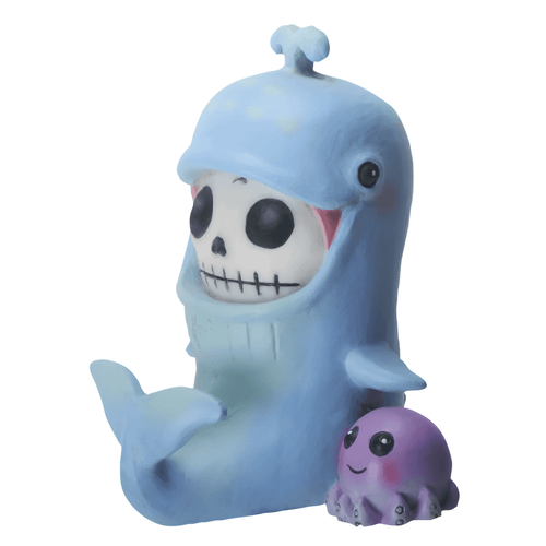 Adorable blue whale with a skull face wearing a sailor hat, next to a small lavender octopus with large eyes, both made of resin.