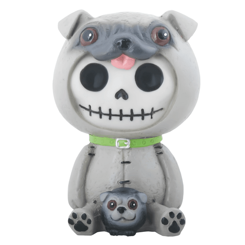 Whimsical resin figurine of a pug with a cartoonish skull face, large eyes, and a pink tongue, wearing a green collar, beside a smaller gray pug figurine.