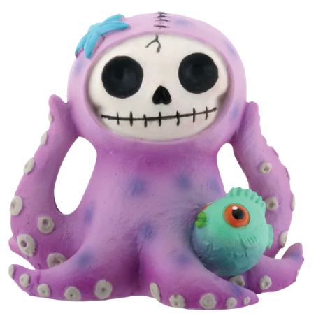 Charming purple resin octopus figurine with a skull face and a blue starfish on its head, holding a small teal fish with an orange eye.