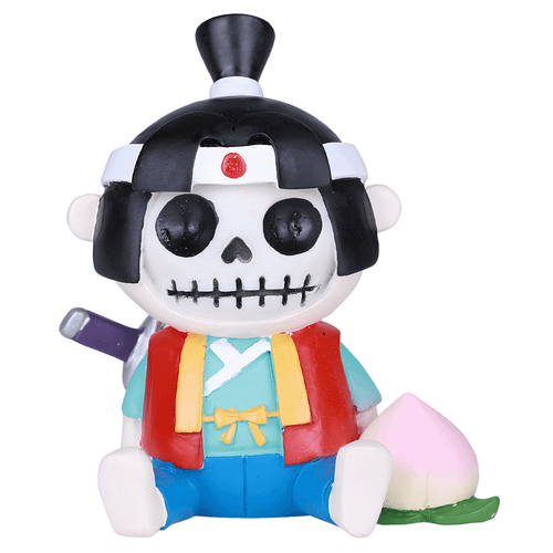 Colorful resin figurine of Momotaro from Japanese folklore, featuring a skull face and sitting beside a pink peach.