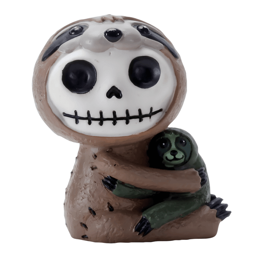 Adorable brown resin figurine of a larger sloth with a skull-like white face holding a smaller green sloth, both with smiley expressions.
