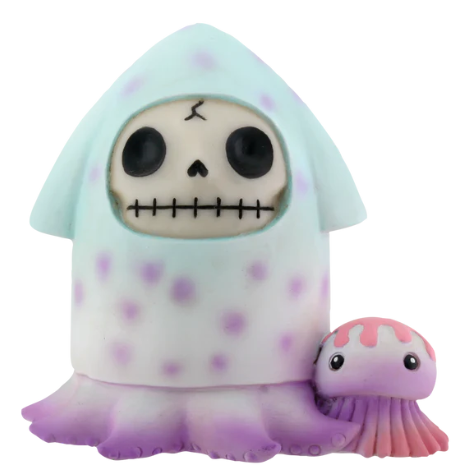 Cute resin squid figurine with a skull face and purple spots, accompanied by a small pink jellyfish with black eyes.
