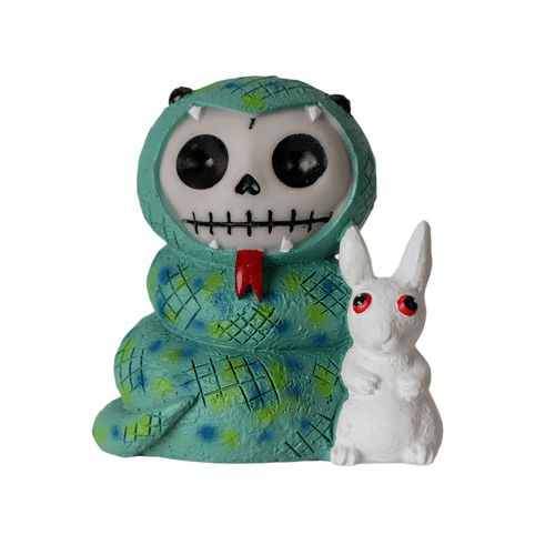 Green snake-themed resin figurine with a skull-faced character emerging from a coiled snake costume, posed beside a white rabbit figurine with red eyes.