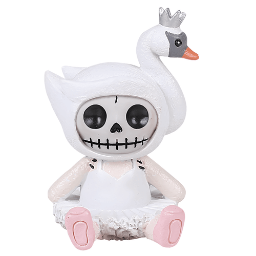 Charming resin ballerina figurine with a skull head, wearing a white tutu, pink feet, and a swan on its head.