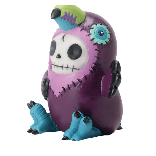 Colorful resin toucan figurine with a skull face, featuring purple body, bright green and blue accents, and turquoise feet.