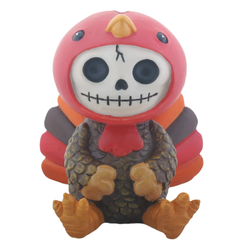 Colorful rooster resin figurine with a skeletal face, sitting upright with textured feathers and a red hood.