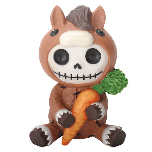 Front view of a horse figurine with a skull face, holding a carrot, sitting upright.