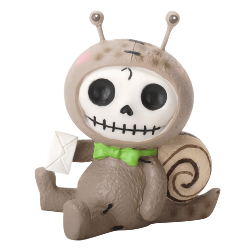 Front view of a snail resin figurine featuring a skeleton-faced character with a brown spiral shell, holding a white envelope and wearing a green bow tie.