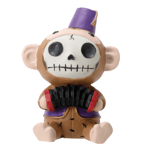 Cartoonish resin monkey figurine with a skull-like face, wearing a purple hat and holding a black accordion with red accents.